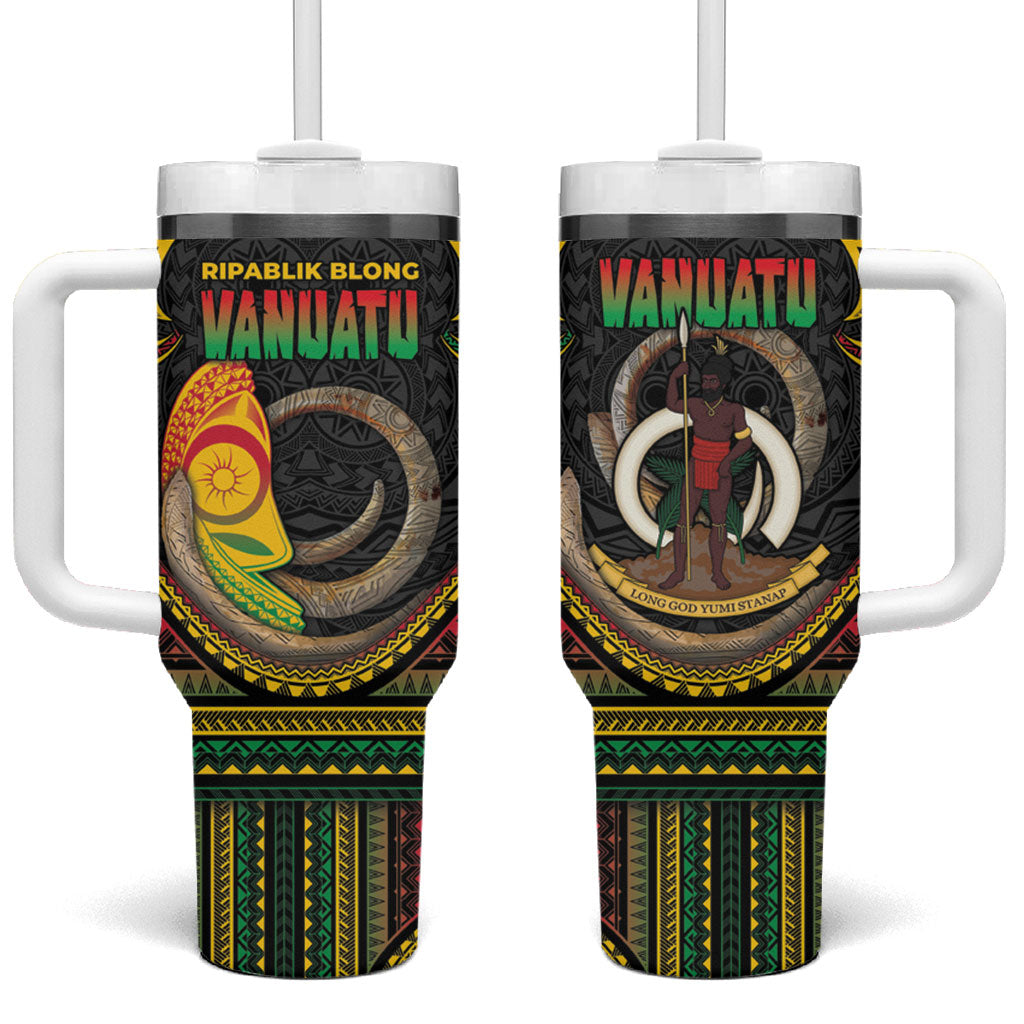 Vanuatu Language Week Tumbler With Handle Boar Tusk Warrior Tribal Floral Pattern