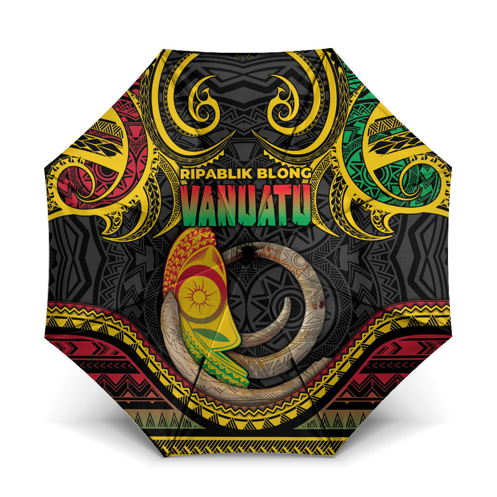 Vanuatu Language Week Umbrella Boar Tusk Warrior Tribal Floral Pattern DT05 One Size Folded 11.42 inch Opened Diameter 37.4 inch Black - Polynesian Pride