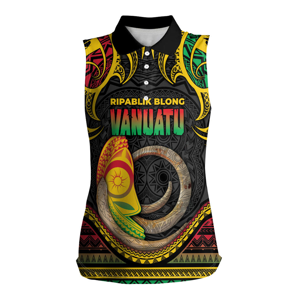 Vanuatu Language Week Women Sleeveless Polo Shirt Boar Tusk Warrior Tribal Floral Pattern DT05 Female Black - Polynesian Pride