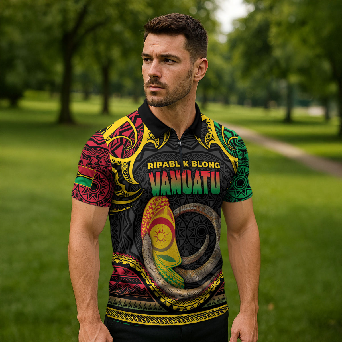 Vanuatu Language Week Zipper Polo Shirt Boar Tusk Warrior Tribal Floral Pattern