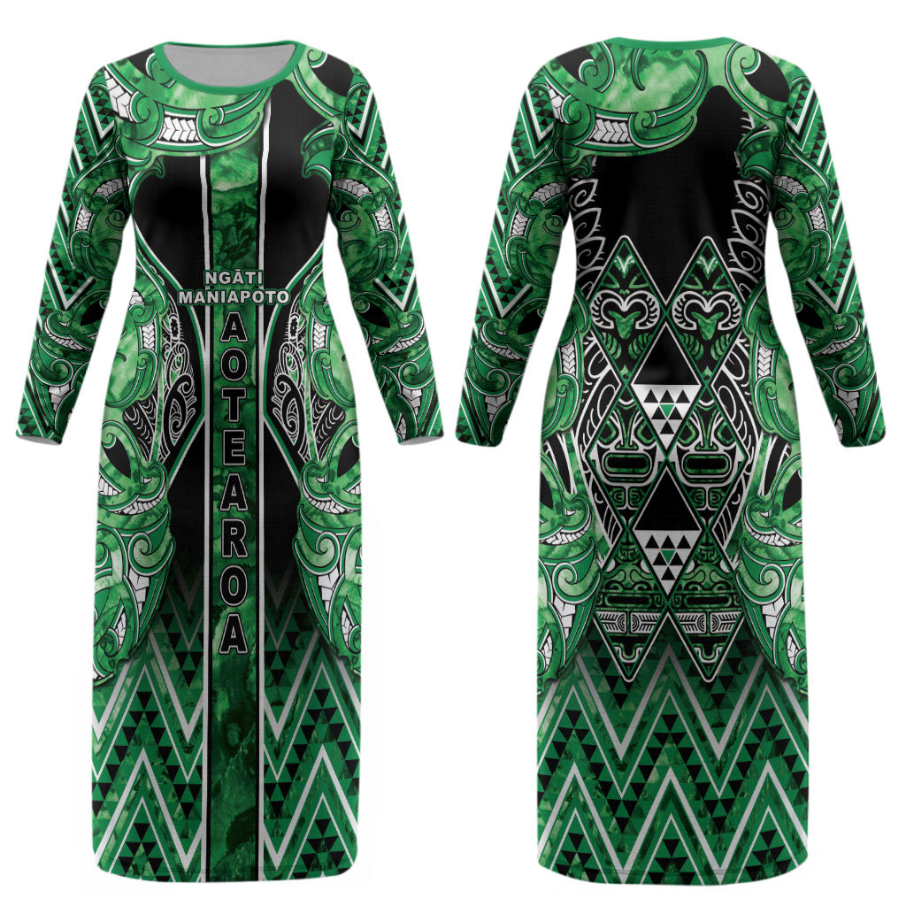 Aotearoa Ngati Maniapoto Couples Matching Long Sleeve Bodycon Dress and Hawaiian Shirt Maori Tribal Green Paua Shell Pattern DT05 - Polynesian Pride