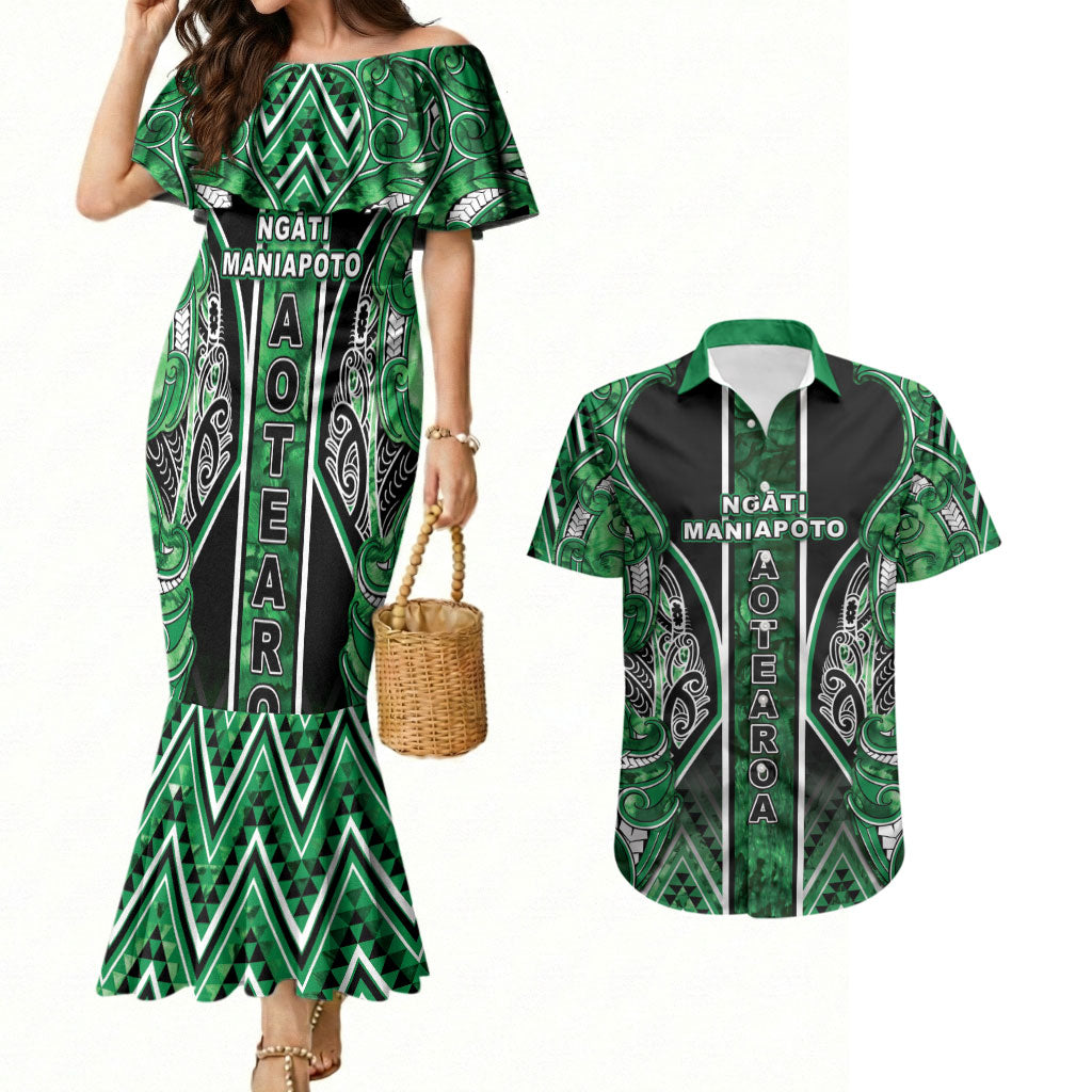 Aotearoa Ngati Maniapoto Couples Matching Mermaid Dress and Hawaiian Shirt Maori Tribal Green Paua Shell Pattern DT05 Green - Polynesian Pride