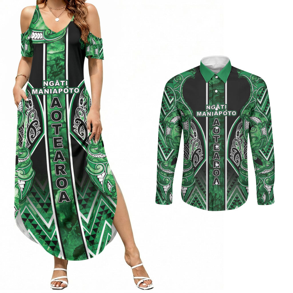 Aotearoa Ngati Maniapoto Couples Matching Summer Maxi Dress and Long Sleeve Button Shirt Maori Tribal Green Paua Shell Pattern DT05 Green - Polynesian Pride