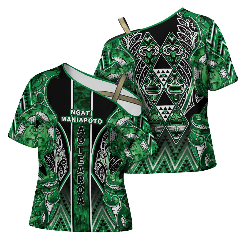 Aotearoa Ngati Maniapoto Cross Shoulder Shirt Maori Tribal Green Paua Shell Pattern DT05 - Polynesian Pride