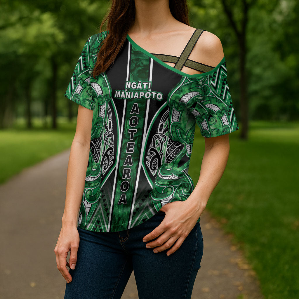 Aotearoa Ngati Maniapoto Cross Shoulder Shirt Maori Tribal Green Paua Shell Pattern DT05 - Polynesian Pride