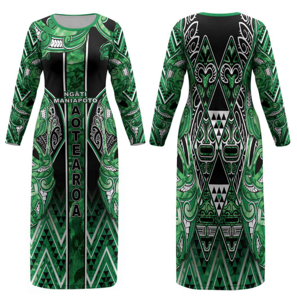 Aotearoa Ngati Maniapoto Family Matching Long Sleeve Bodycon Dress and Hawaiian Shirt Maori Tribal Green Paua Shell Pattern DT05 Mom's Dress Green - Polynesian Pride
