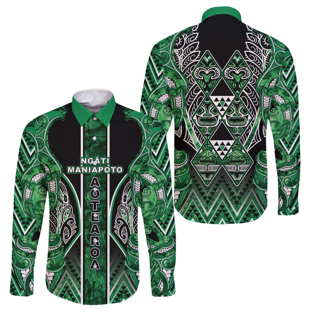 Aotearoa Ngati Maniapoto Family Matching Short Sleeve Bodycon Dress and Hawaiian Shirt Maori Tribal Green Paua Shell Pattern DT05 Dad's Shirt - Long Sleeve Green - Polynesian Pride