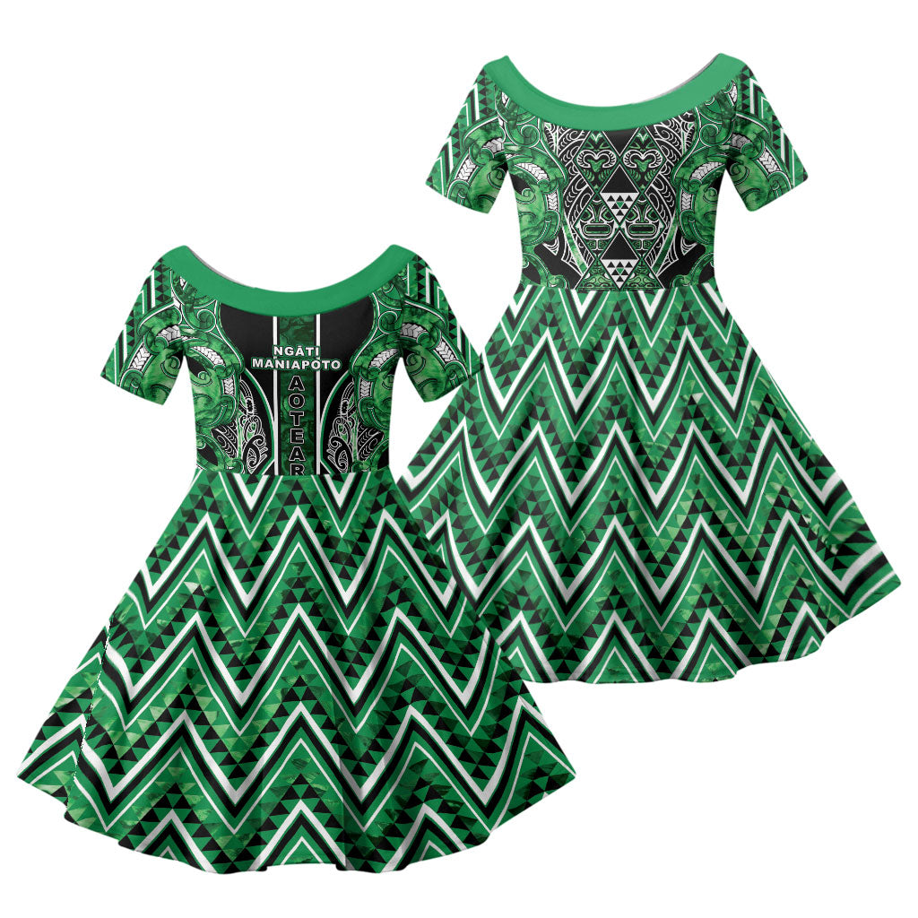 Aotearoa Ngati Maniapoto Family Matching Short Sleeve Bodycon Dress and Hawaiian Shirt Maori Tribal Green Paua Shell Pattern DT05 Daughter's Dress Green - Polynesian Pride