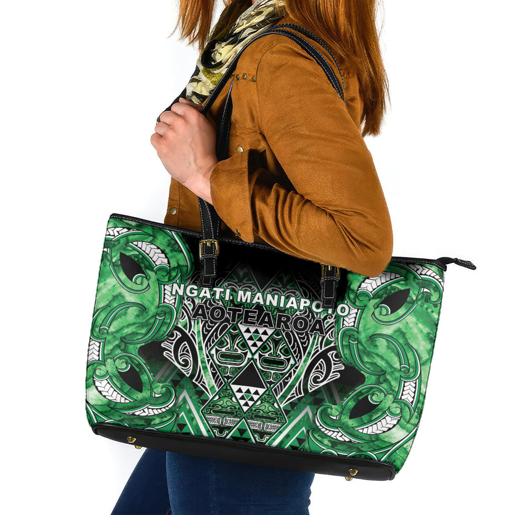Aotearoa Ngati Maniapoto Leather Tote Bag Maori Tribal Green Paua Shell Pattern