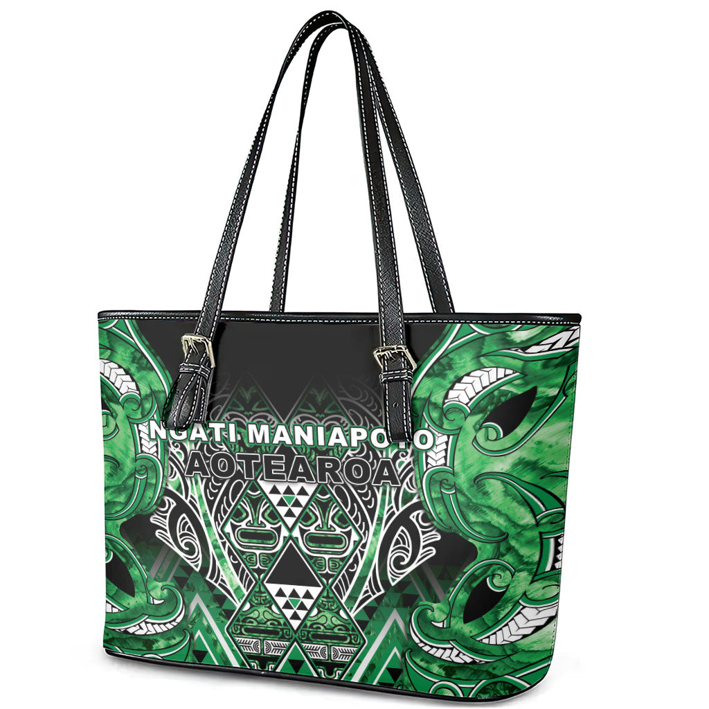 Aotearoa Ngati Maniapoto Leather Tote Bag Maori Tribal Green Paua Shell Pattern DT05 - Polynesian Pride