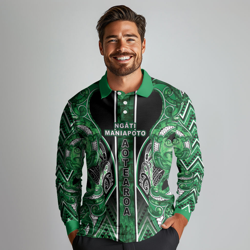 Aotearoa Ngati Maniapoto Long Sleeve Polo Shirt Maori Tribal Green Paua Shell Pattern DT05 - Polynesian Pride