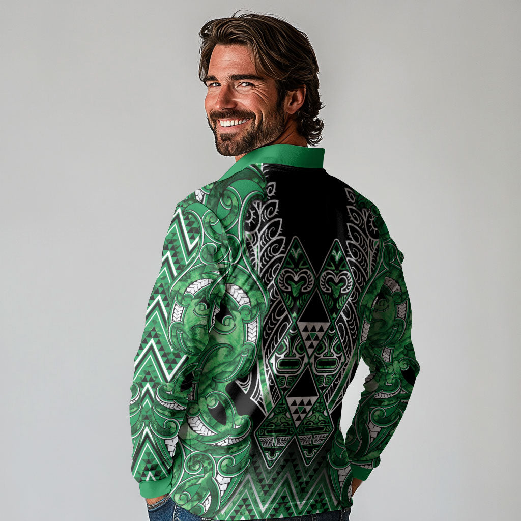 Aotearoa Ngati Maniapoto Long Sleeve Polo Shirt Maori Tribal Green Paua Shell Pattern DT05 - Polynesian Pride