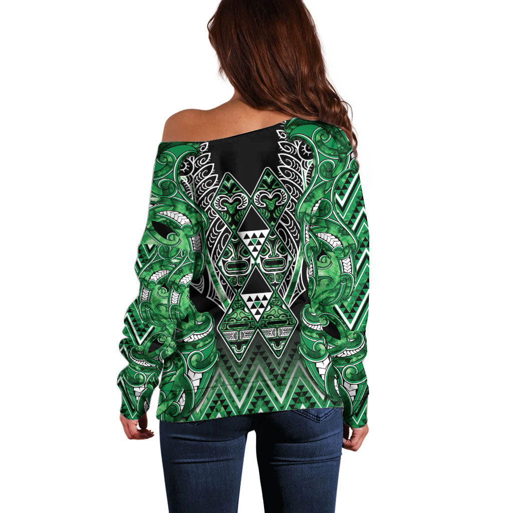 Aotearoa Ngati Maniapoto Off Shoulder Sweater Maori Tribal Green Paua Shell Pattern DT05 - Polynesian Pride