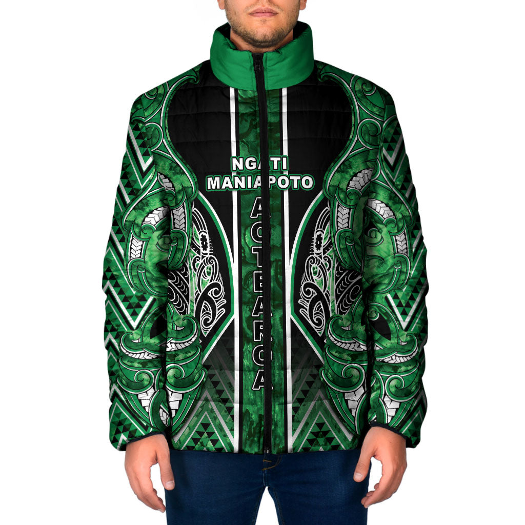 Aotearoa Ngati Maniapoto Padded Jacket Maori Tribal Green Paua Shell Pattern
