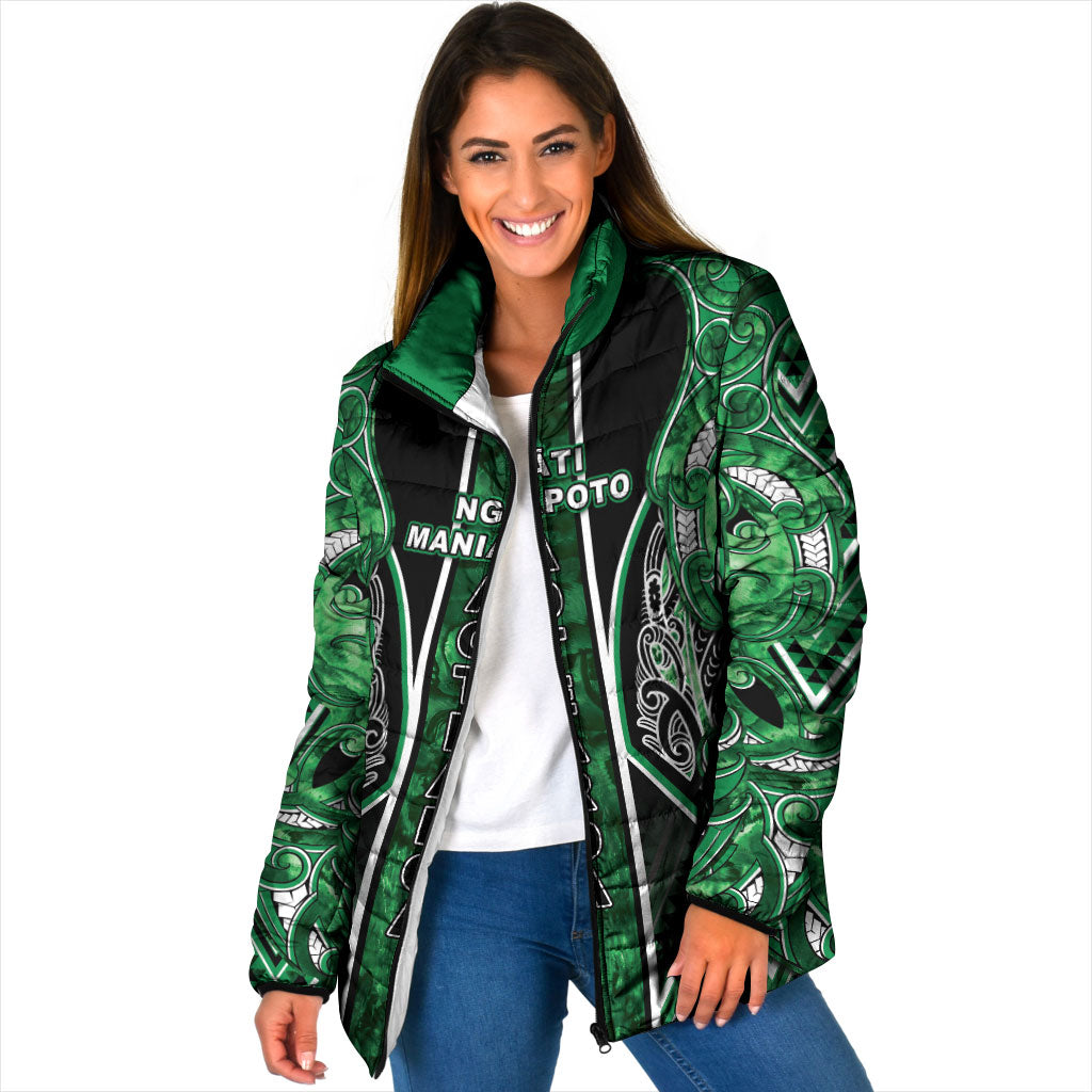 Aotearoa Ngati Maniapoto Padded Jacket Maori Tribal Green Paua Shell Pattern DT05 Women Green - Polynesian Pride