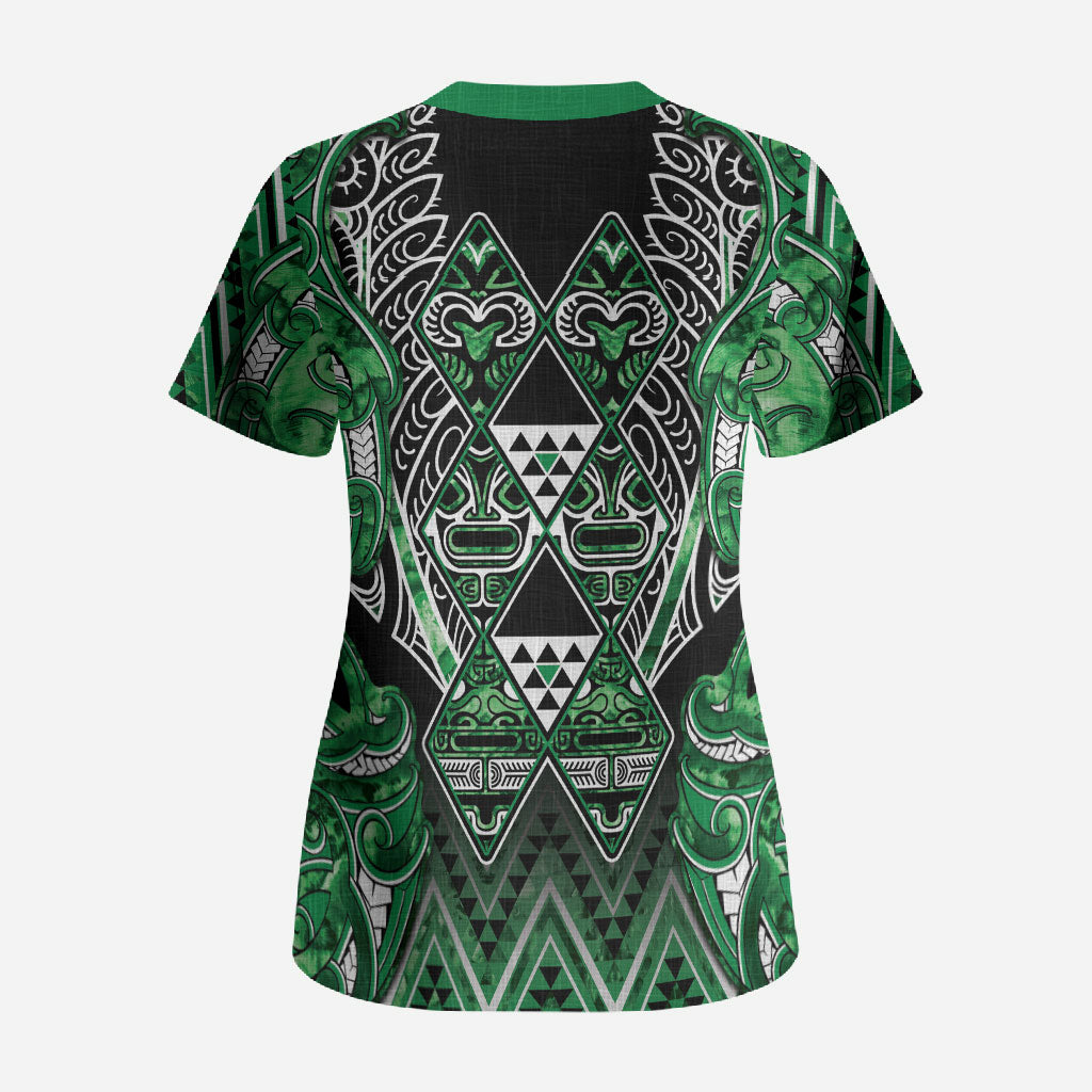 Aotearoa Ngati Maniapoto Scrub Top Maori Tribal Green Paua Shell Pattern DT05 - Polynesian Pride