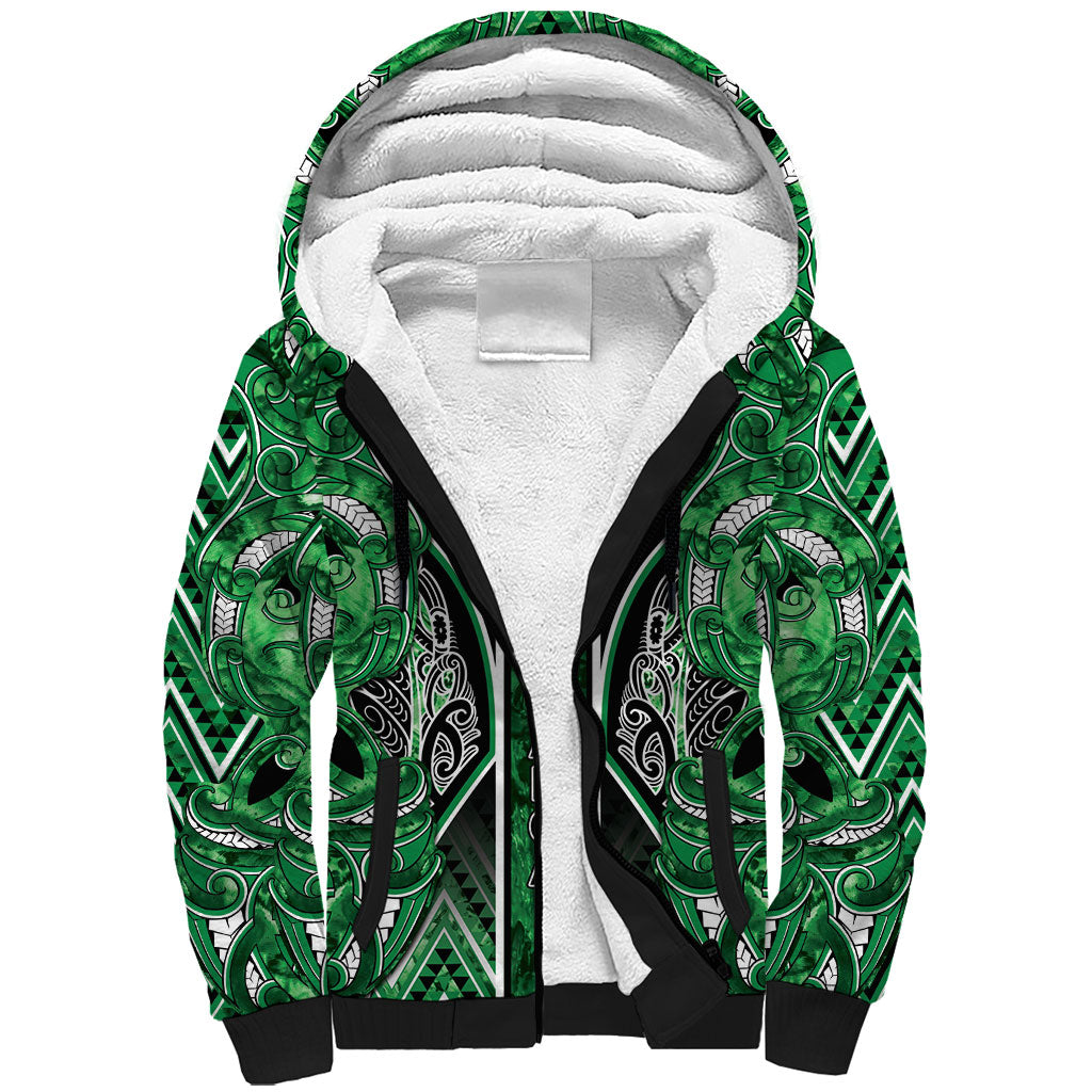 Aotearoa Ngati Maniapoto Sherpa Hoodie Maori Tribal Green Paua Shell Pattern DT05 Unisex Green - Polynesian Pride