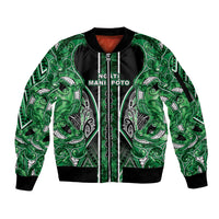 Aotearoa Ngati Maniapoto Sleeve Zip Bomber Jacket Maori Tribal Green Paua Shell Pattern DT05 Unisex Green - Polynesian Pride