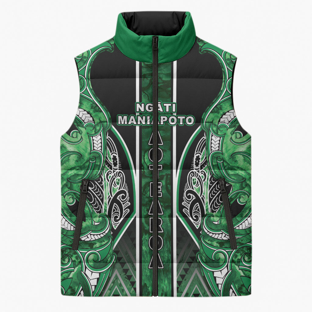 Aotearoa Ngati Maniapoto Sleeveless Puffer Jacket Maori Tribal Green Paua Shell Pattern DT05 Unisex Green - Polynesian Pride