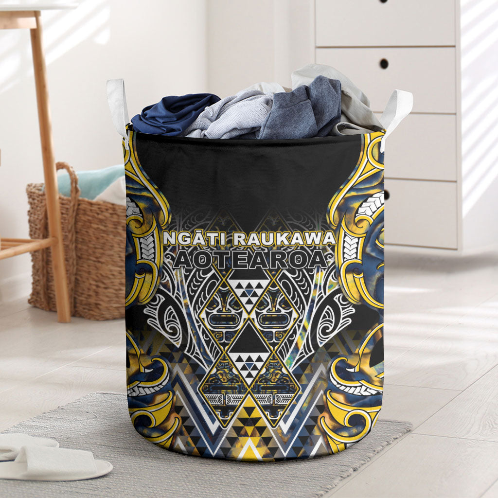 Aotearoa Ngati Raukawa Laundry Basket Maori Tribal Yellow And Navy Paua Shell Pattern DT05 Yellow - Polynesian Pride