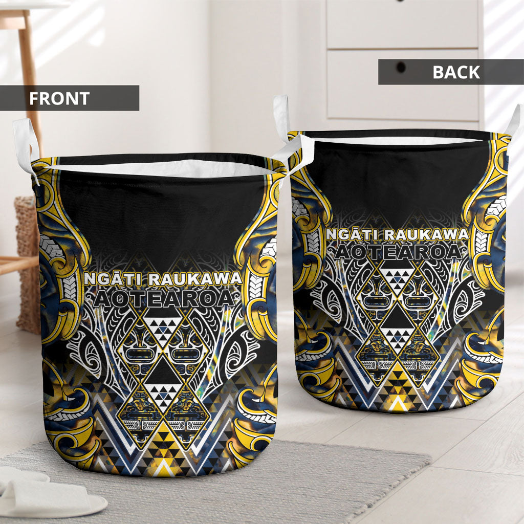 Aotearoa Ngati Raukawa Laundry Basket Maori Tribal Yellow And Navy Paua Shell Pattern DT05 - Polynesian Pride