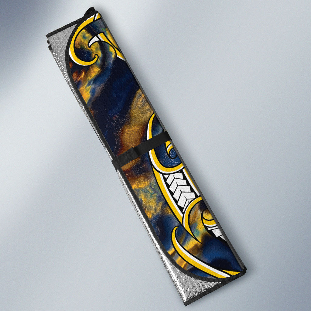 Aotearoa Ngati Raukawa Auto Sun Shade Maori Tribal Yellow And Navy Paua Shell Pattern DT05 - Polynesian Pride