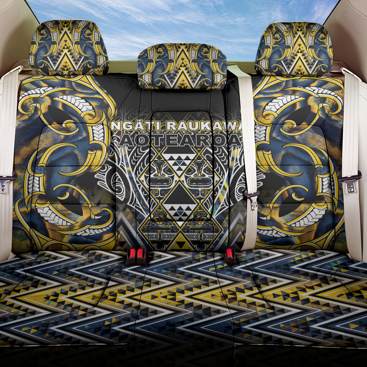 Aotearoa Ngati Raukawa Back Car Seat Cover Maori Tribal Yellow And Navy Paua Shell Pattern DT05 One Size Yellow - Polynesian Pride