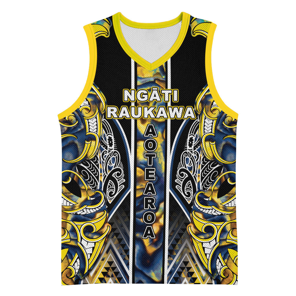 Aotearoa Ngati Raukawa Basketball Jersey Maori Tribal Yellow And Navy Paua Shell Pattern