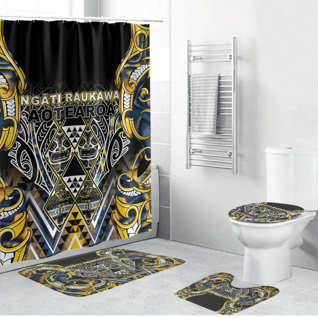 Aotearoa Ngati Raukawa Bathroom Set Maori Tribal Yellow And Navy Paua Shell Pattern DT05 Bathroom Set (4 pcs) Yellow - Polynesian Pride