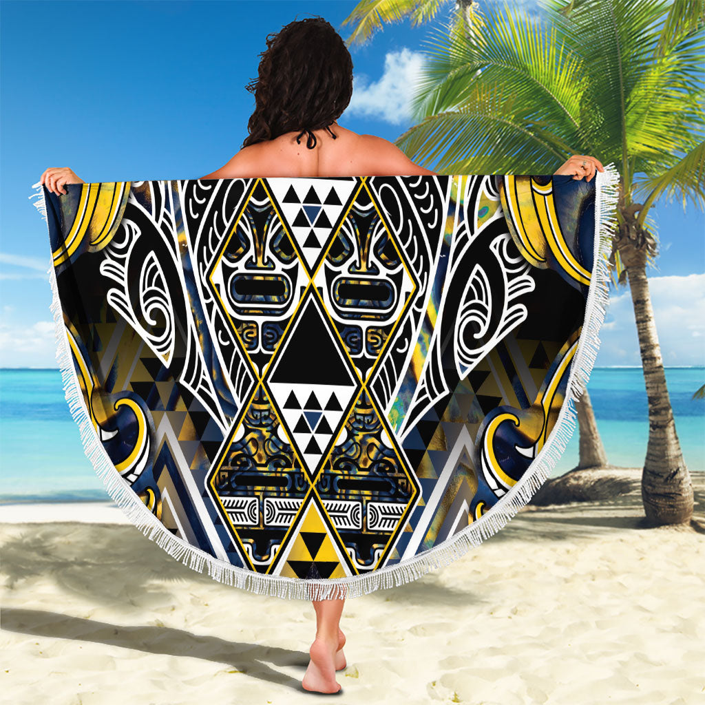 Aotearoa Ngati Raukawa Beach Blanket Maori Tribal Yellow And Navy Paua Shell Pattern DT05 - Polynesian Pride