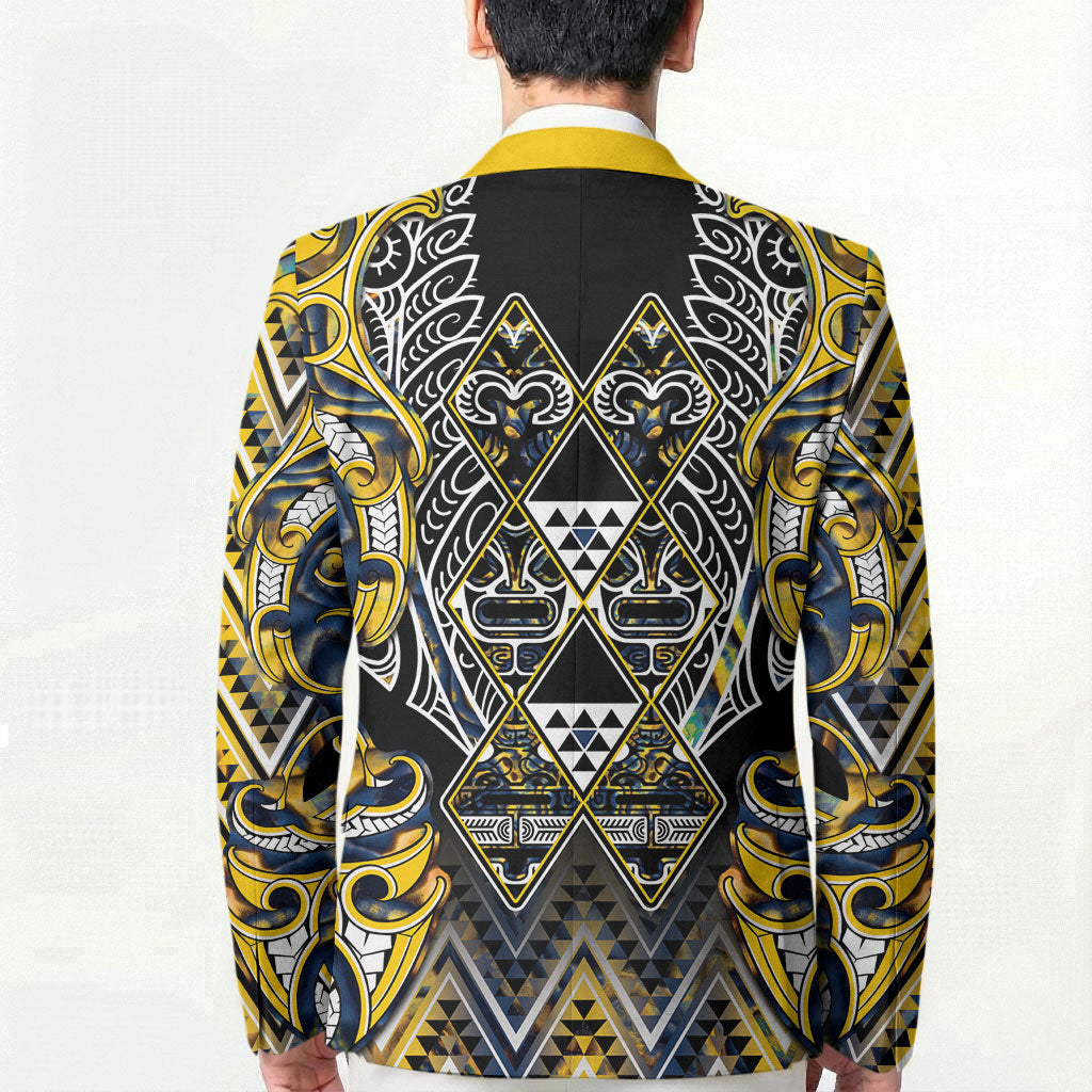 Aotearoa Ngati Raukawa Blazer Maori Tribal Yellow And Navy Paua Shell Pattern DT05 - Polynesian Pride