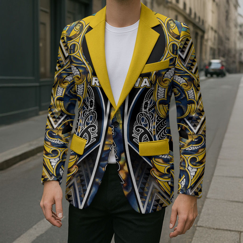 Aotearoa Ngati Raukawa Blazer Maori Tribal Yellow And Navy Paua Shell Pattern DT05 - Polynesian Pride