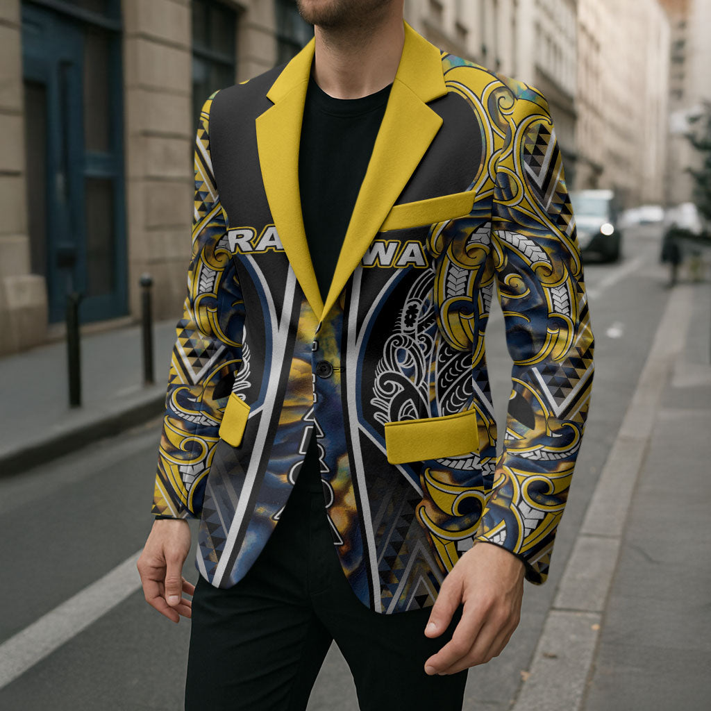 Aotearoa Ngati Raukawa Blazer Maori Tribal Yellow And Navy Paua Shell Pattern DT05 - Polynesian Pride