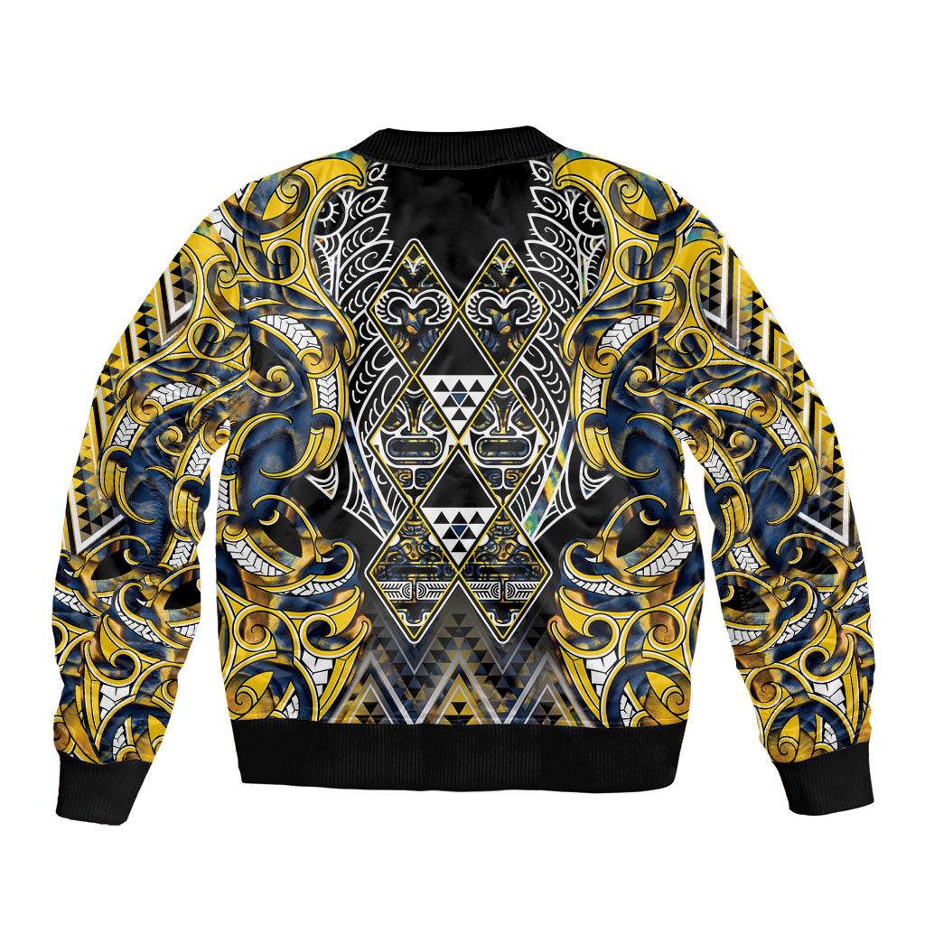 Aotearoa Ngati Raukawa Bomber Jacket Maori Tribal Yellow And Navy Paua Shell Pattern DT05 - Polynesian Pride