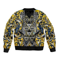 Aotearoa Ngati Raukawa Bomber Jacket Maori Tribal Yellow And Navy Paua Shell Pattern DT05 - Polynesian Pride