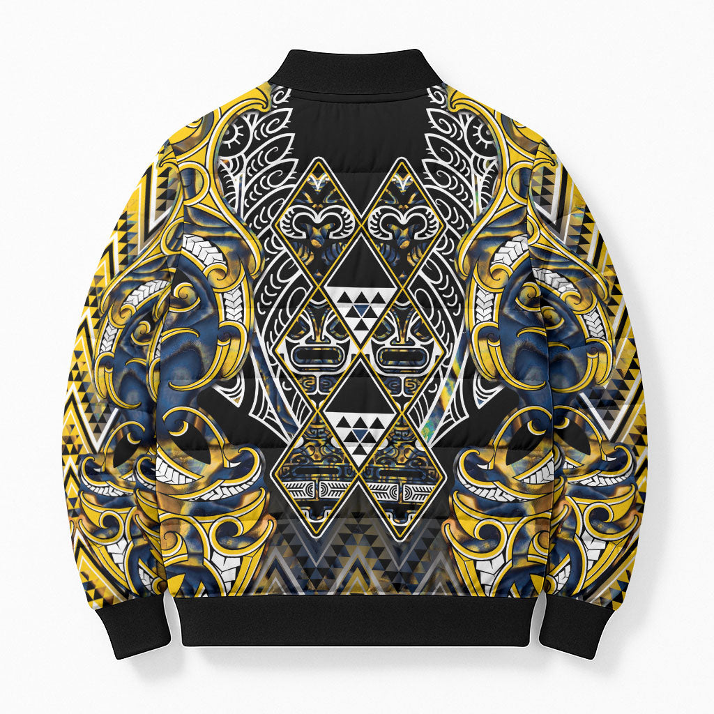 Aotearoa Ngati Raukawa Bomber Puffer Jacket Maori Tribal Yellow And Navy Paua Shell Pattern DT05 - Polynesian Pride