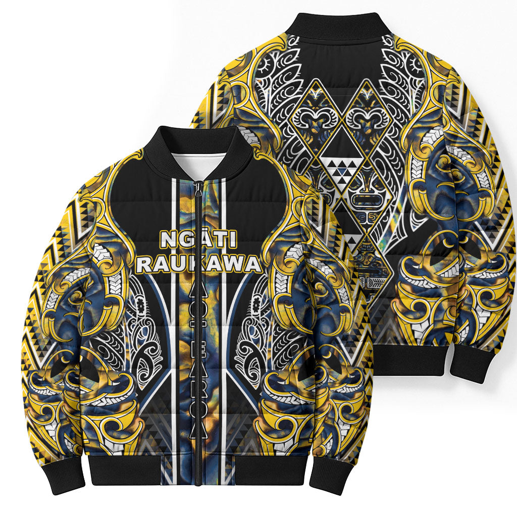 Aotearoa Ngati Raukawa Bomber Puffer Jacket Maori Tribal Yellow And Navy Paua Shell Pattern DT05 - Polynesian Pride