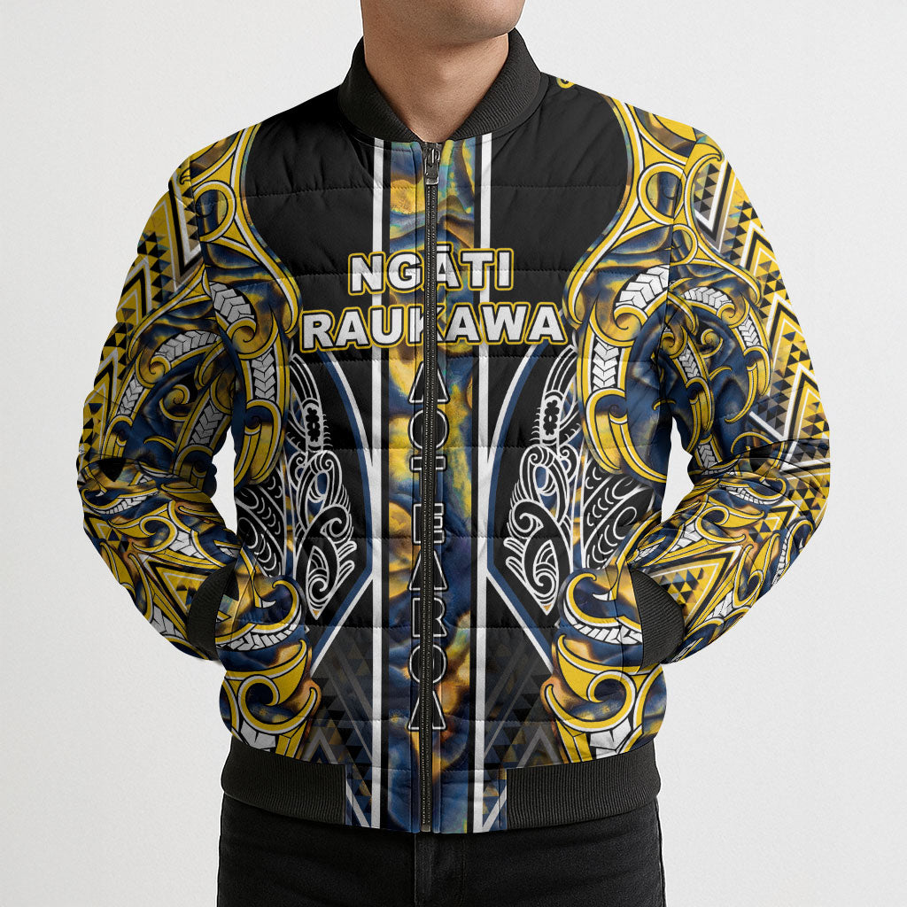 Aotearoa Ngati Raukawa Bomber Puffer Jacket Maori Tribal Yellow And Navy Paua Shell Pattern DT05 - Polynesian Pride