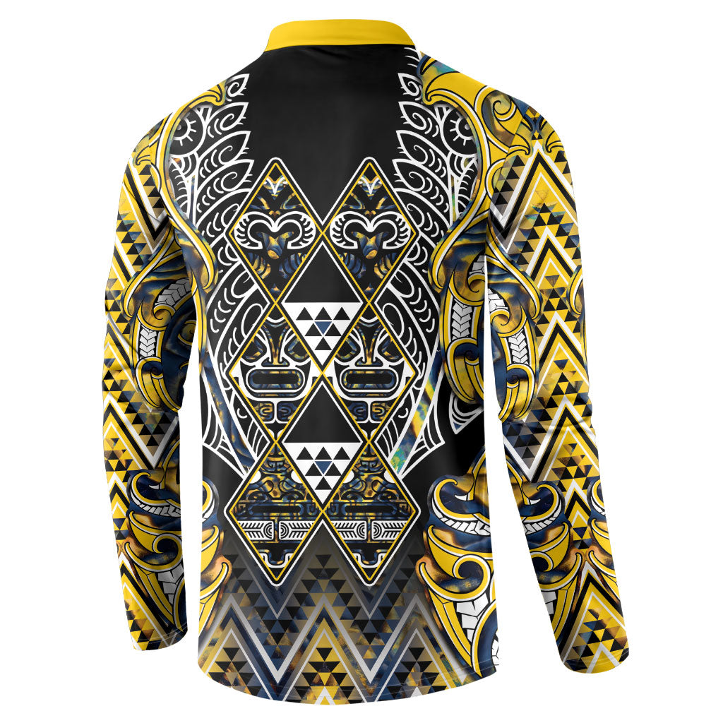 Aotearoa Ngati Raukawa Button Sweatshirt Maori Tribal Yellow And Navy Paua Shell Pattern DT05 - Polynesian Pride