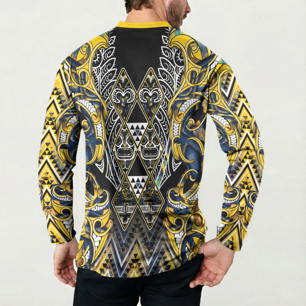 Aotearoa Ngati Raukawa Button Sweatshirt Maori Tribal Yellow And Navy Paua Shell Pattern DT05 - Polynesian Pride