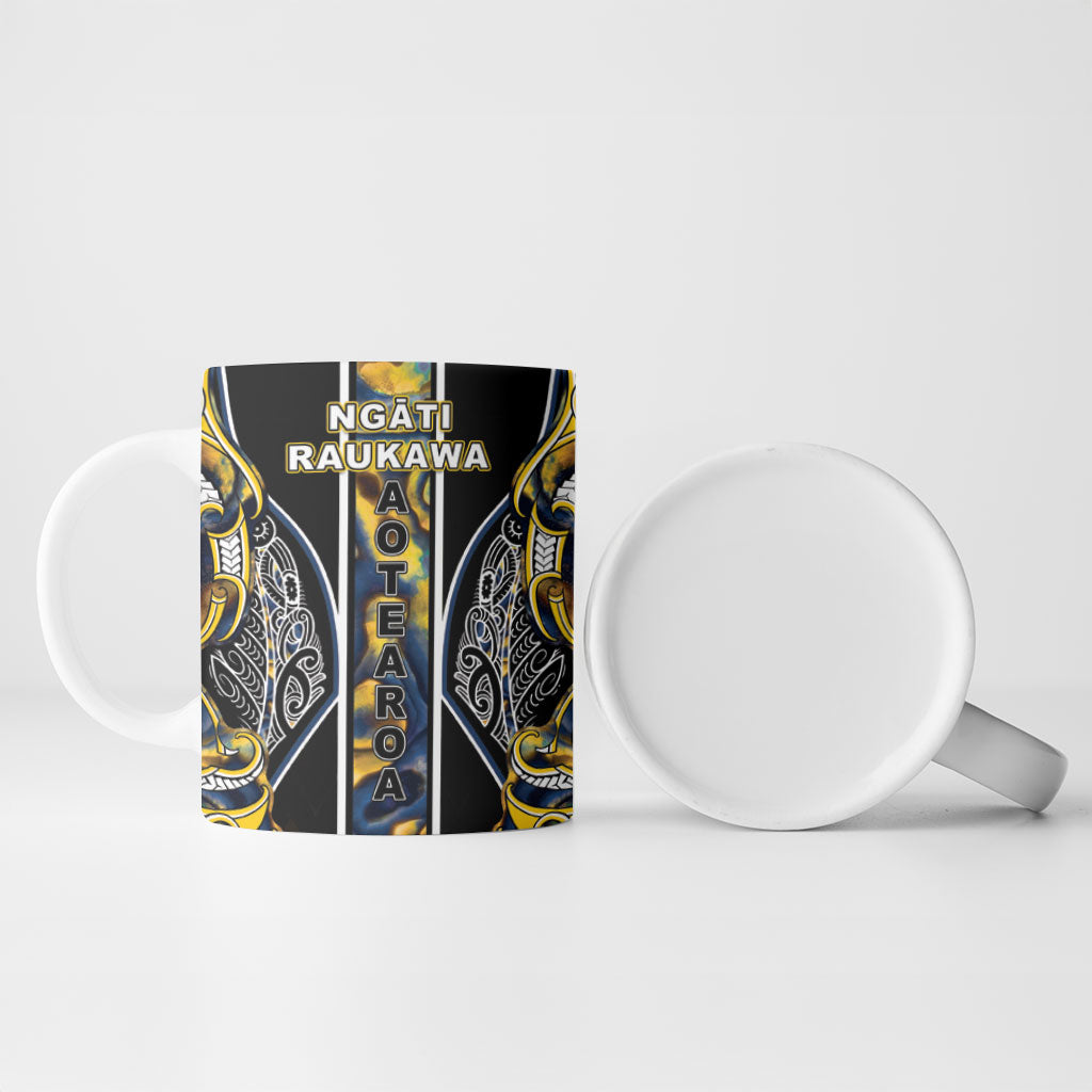 Aotearoa Ngati Raukawa Ceramic Mug Maori Tribal Yellow And Navy Paua Shell Pattern DT05 - Polynesian Pride