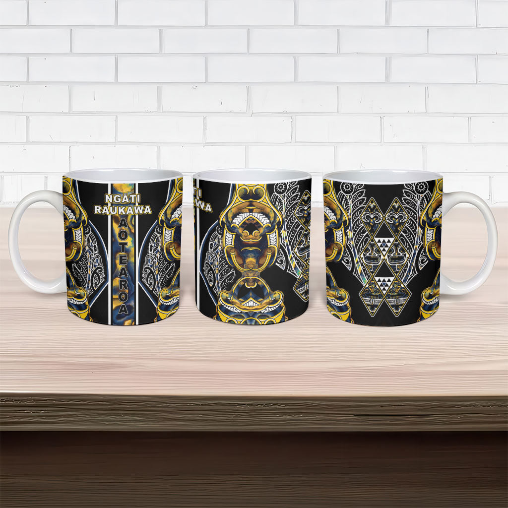 Aotearoa Ngati Raukawa Ceramic Mug Maori Tribal Yellow And Navy Paua Shell Pattern DT05 - Polynesian Pride