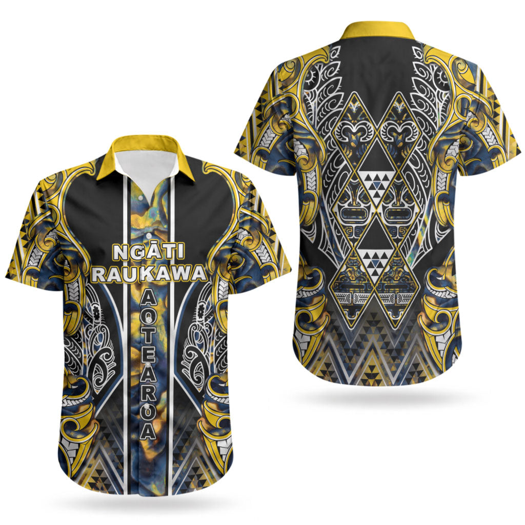 Aotearoa Ngati Raukawa Couples Matching Long Sleeve Bodycon Dress and Hawaiian Shirt Maori Tribal Yellow And Navy Paua Shell Pattern DT05 - Polynesian Pride