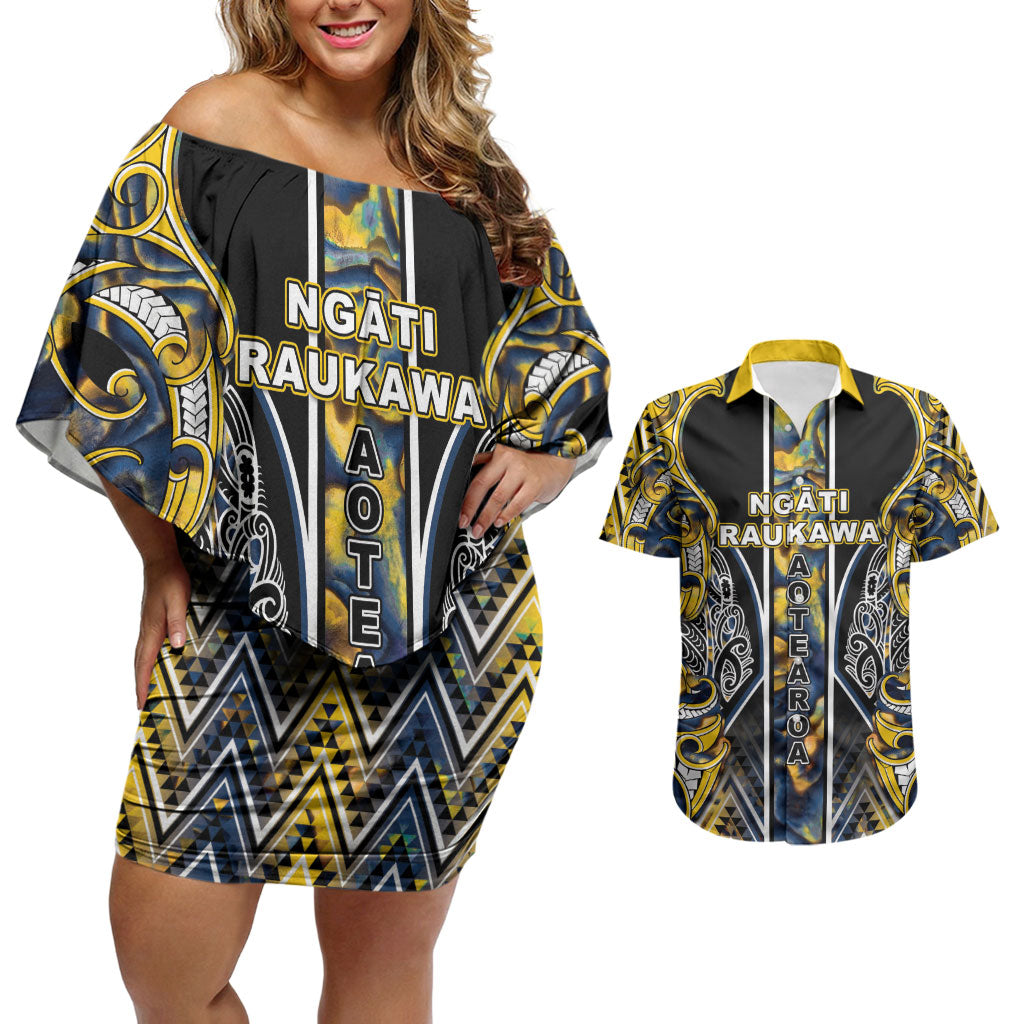 Aotearoa Ngati Raukawa Couples Matching Off Shoulder Short Dress and Hawaiian Shirt Maori Tribal Yellow And Navy Paua Shell Pattern DT05 Yellow - Polynesian Pride