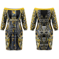 Aotearoa Ngati Raukawa Couples Matching Off The Shoulder Long Sleeve Dress and Hawaiian Shirt Maori Tribal Yellow And Navy Paua Shell Pattern DT05 - Polynesian Pride