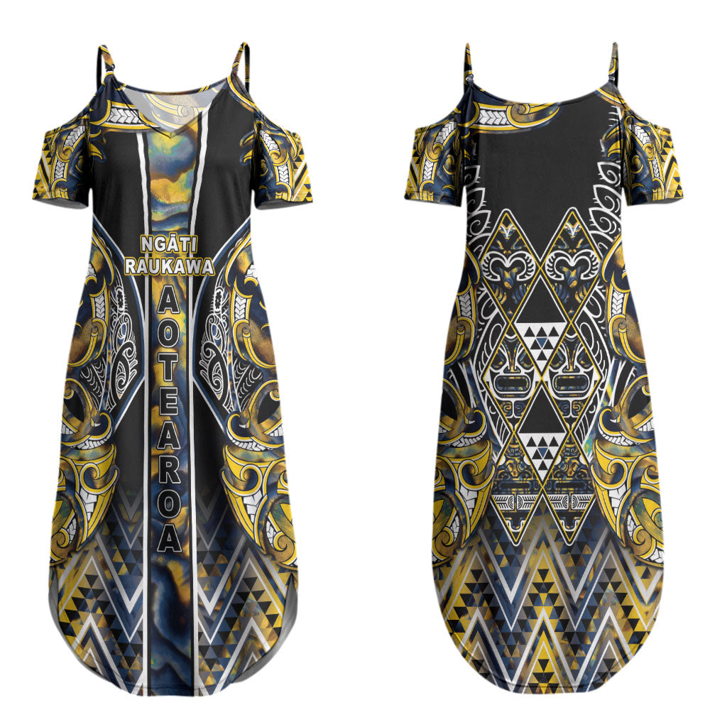 Aotearoa Ngati Raukawa Couples Matching Summer Maxi Dress and Long Sleeve Button Shirt Maori Tribal Yellow And Navy Paua Shell Pattern DT05 - Polynesian Pride
