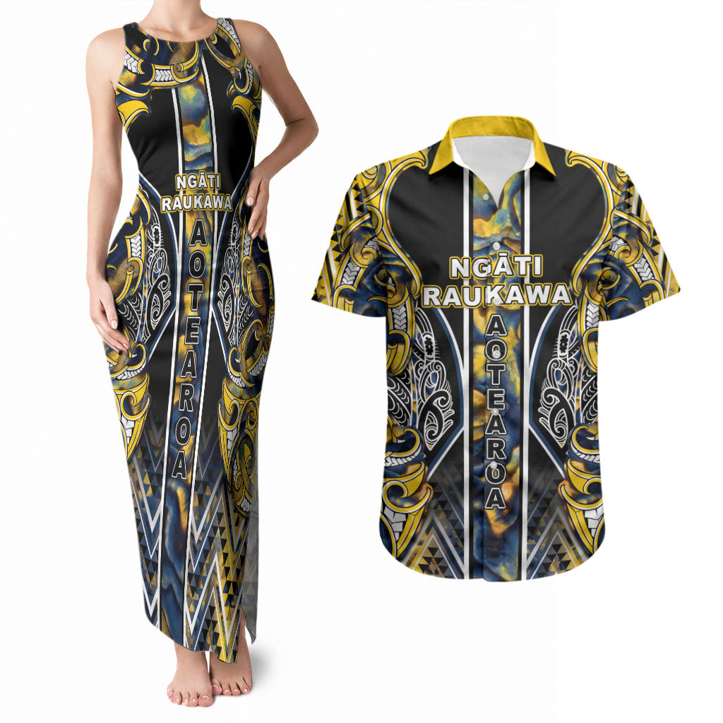 Aotearoa Ngati Raukawa Couples Matching Tank Maxi Dress and Hawaiian Shirt Maori Tribal Yellow And Navy Paua Shell Pattern DT05 Yellow - Polynesian Pride