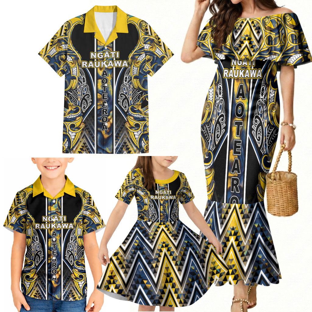Aotearoa Ngati Raukawa Family Matching Mermaid Dress and Hawaiian Shirt Maori Tribal Yellow And Navy Paua Shell Pattern DT05 - Polynesian Pride