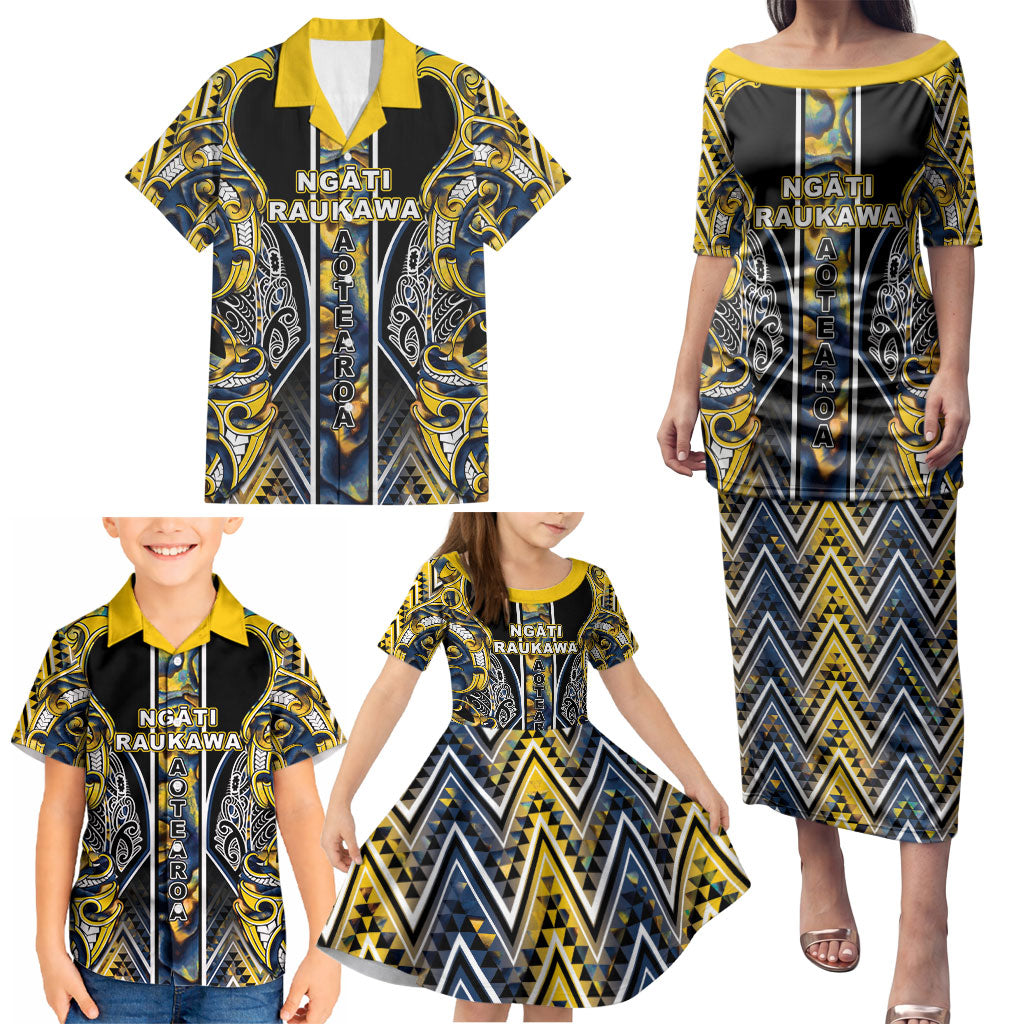 Aotearoa Ngati Raukawa Family Matching Puletasi and Hawaiian Shirt Maori Tribal Yellow And Navy Paua Shell Pattern DT05 - Polynesian Pride