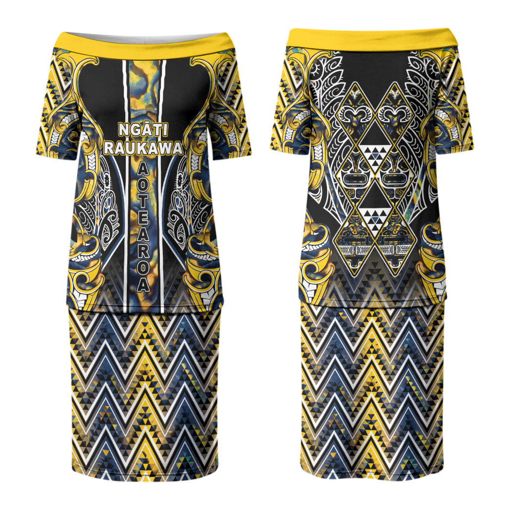 Aotearoa Ngati Raukawa Family Matching Puletasi and Hawaiian Shirt Maori Tribal Yellow And Navy Paua Shell Pattern DT05 Mom's Dress Yellow - Polynesian Pride